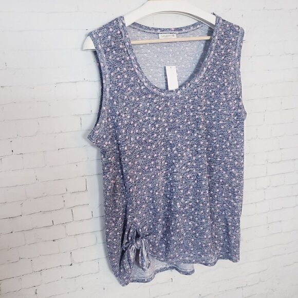 Studio B By Bobeau U Neck Scoop Neck Top Plus 1X Blue Pink Polka Dot Tie Hem - Picture 3 of 9